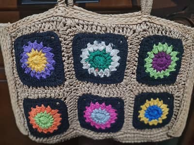 شنطة رافيا هاند ميد كبيرة بالكروشيه - Handmade by Sona