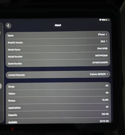 Ipad A16- 100% battery like new with box and charger