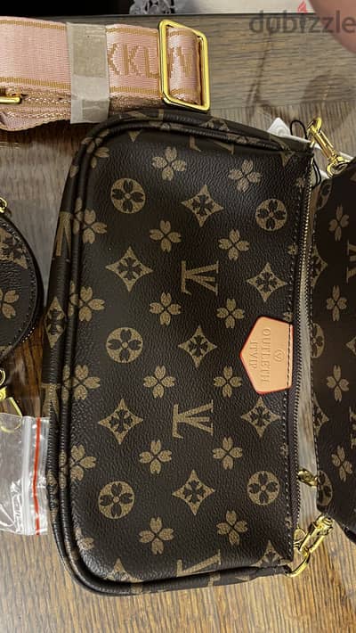 Monogram Print Crossbody Bag – Brown & Gold with Pink Adjustable Strap