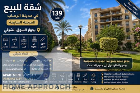 A distinctive 139 SQM apartment for sale in Rehab City, Phase 7, ideally located next to the Eastern Market and close to the Food Court, Gate 23, bank
