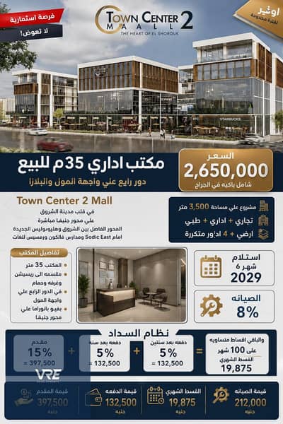 Administrative office for sale in El Shorouk, finished, with a panoramic view of the new Heliopolis villas