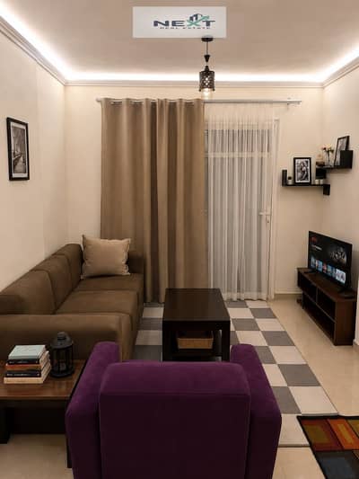 Furnished studio apartment for rent in Madinaty, B7.64 sq m. Layout: 1 bedroom + 1 bathroom + reception + kitchen + terrace. Modern furnishings, high