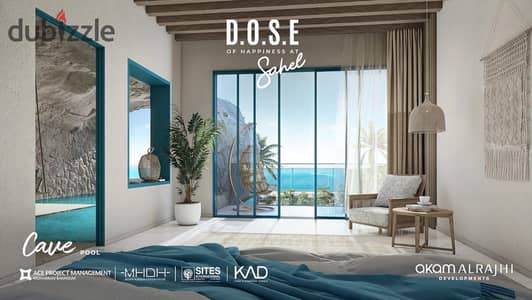 Sea view chalet with two rooms for sale in the North Coast, Ras Al-Hikma, fully finished with air conditioning