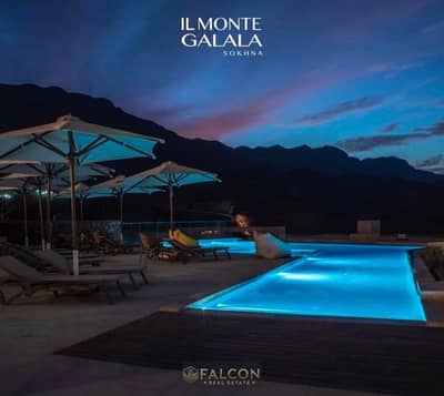 Modern finished chalet for sale with a panoramic view of the Red Sea and a mountain frontage in Monte Galala, Ain Sokhna
