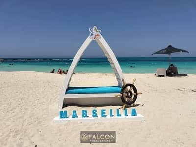 95-square-meter, two-bedroom chalet at Marseilia Beach 5, available with a 10-year interest-free installment plan.