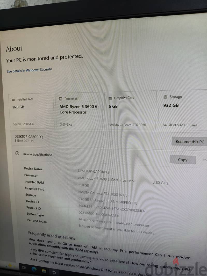 pc gaming ryzen 5 3600+b450+rtx 3050 6