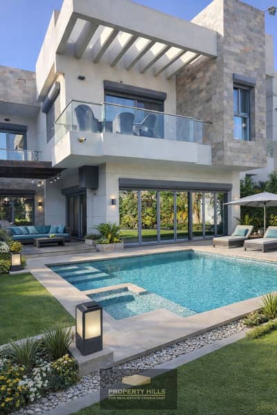 Receive immediately a villa with a panoramic view and a private swimming pool in Sheikh Zayed, next to Hyper One and Cairo University.