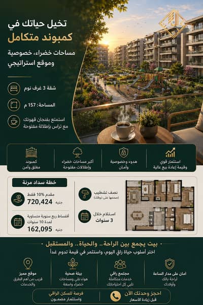 شقه ١٥٧ متر للبيع بكمبوند في قلب الشيخ زايد بالتقسيط علي ١٢٠ شهر