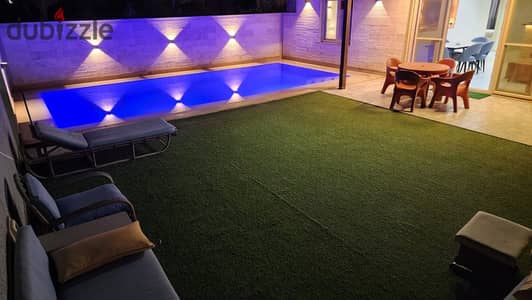 For rent, a distinguished chalet with 3 air-conditioned rooms, private pool, in Ramses Village, K45, North Coast.
