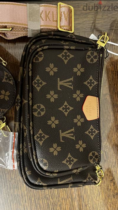 Monogram Print Crossbody Bag – Brown & Gold with Pink Adjustable Strap