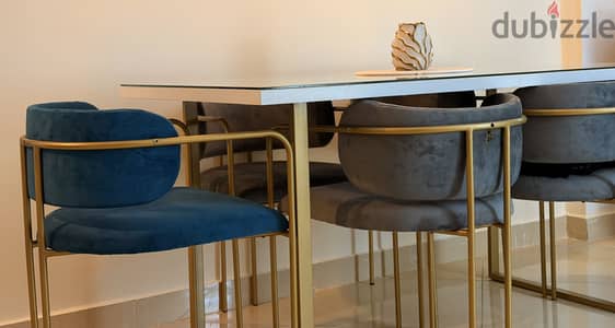 Modern Luxury Dining Table + 6 Velvet Chairs – Gold & Glass