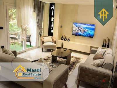 Furnished apartment for rent in Degla Maadi, ground floor, private entrance | Private garden | 24-hour security and guarding | First occupancy.