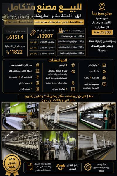 Factory for sale in 10th of Ramadan City; land area 6,151 m², building area 11,822 m². Features 1.5 MW electricity supply and a natural gas line.