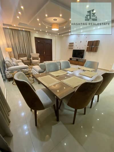 Furnished hotel apartment for rent. . Ground floor with a private entrance. . Sheikh Zayed, Eighth District. . Between Degiit Mall and Spain Mall. .  3 bedrooms, one master, 3 bathrooms, reception, American kitchen
