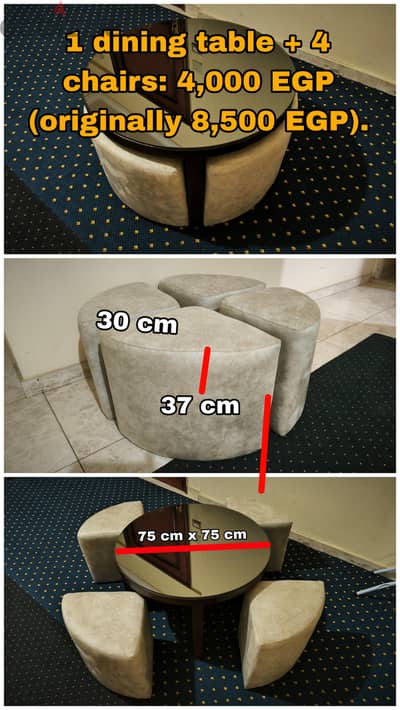 Round Table and four Ottomans