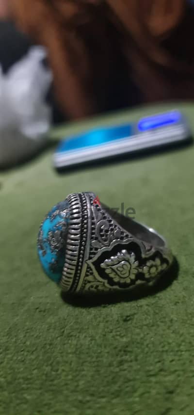 خاتم فضة 925 بحجر فيروز معرق فضة