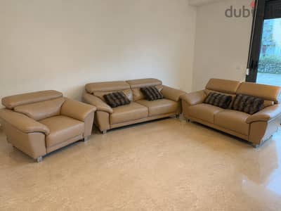 Beige Leather Sofa Set – 3 Pieces