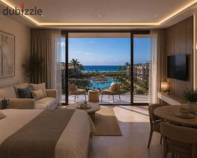Take advantage of a ground chalet finished with furniture for sale with a 20% down payment and a 40% discount with a panoramic sea view at the finest resort by the sea in Ain Sokhna