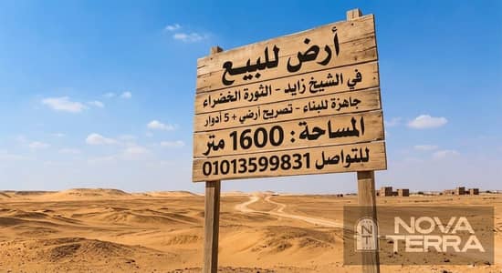 قطعه ارض مميزة للبيع في منطقه الثورة الخضراء بمدينه الشيخ زايد مساحتها 1600 متر مربع ترخيص بناء بدروم و ارضي و 5 ادوار و روف