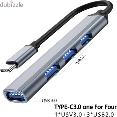 موزع USB C بـ4 منافذ 3.0/2.0، موزع USB من خليط معدني من الالومنيوم خفي