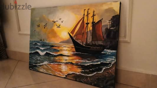 Original Acrylic Painting – Sailing Ship & Sunset | لوحة أكريليك