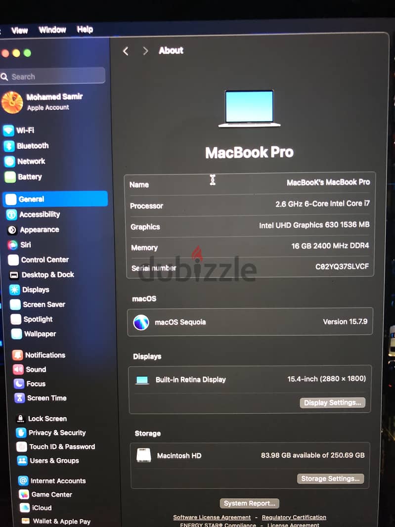 MacBook Pro 2019 15.5inch 16 ram core i7 2