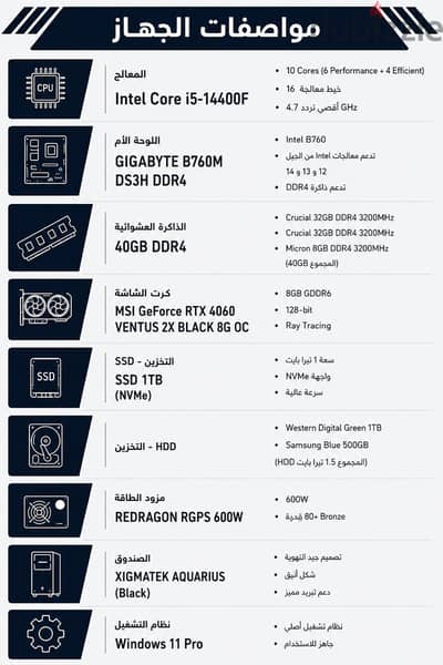 PC Gaming جيمنج قوي i5-14400F + RTX 4060 8GB + 40GB RAM