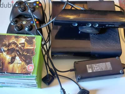 Xbox 360 with 2 wireless controllers and kinect and 10 original games