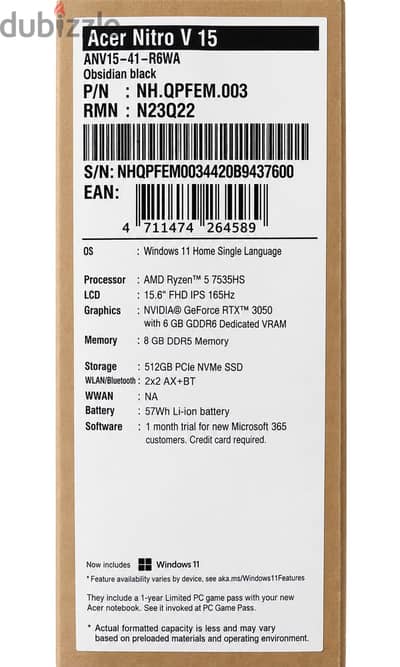  للبيع Acer Nitro V15 – حالة ممتازة جدًا 