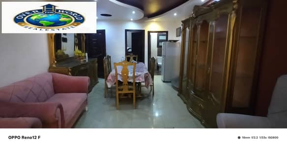 Furnished apartment for rent in New Maadi, 13th Street, close to the metro station, consisting of three bedrooms, a reception, 2 bathrooms, and an air-conditioned kitchen, fifth floor, 2 elevators, upscale and quiet location.