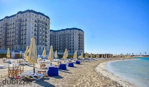 Apartment for sale in the Latin District of New Alamein, fully finished to hotel standards (immediate occupancy), fully sea-facing with a sea view.