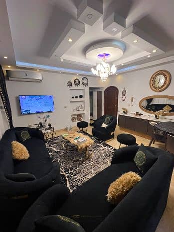 For rent a ground floor apartment with a private garden, fully furnished with excellent furnishings in | Beverly Hills – Sheikh Zayed