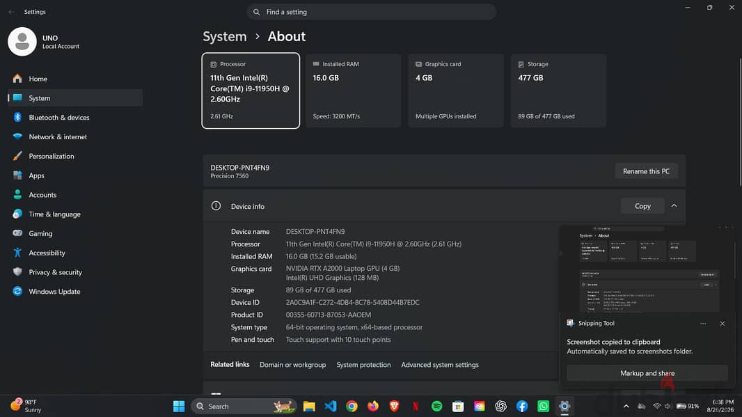 dell pecision 7560 Intel I9 touch screen 7