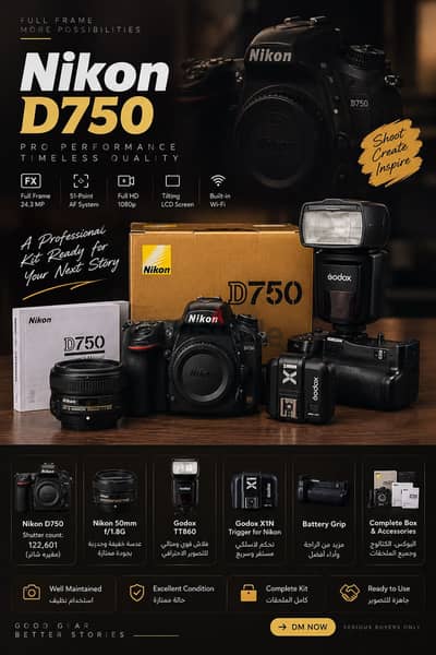 Nikon D750 Full Frame + 50mm + Godox TT860 + Grip