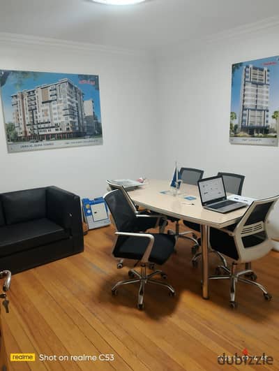 Office for rent, an official headquarters located in a distinguished area in Zahraa Al-Maadi, Sector 13, on a main street next to Fifty Mall, close to all services, transportation, and restaurants. The office is fully air-conditioned and has a kitchen.