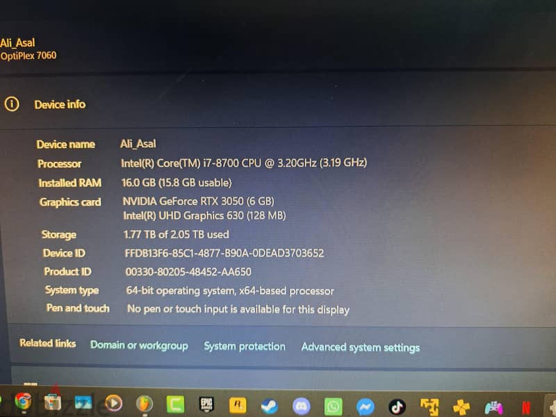 Rtx 3050 Intel core i7 8700 16 DDR4 pc 4