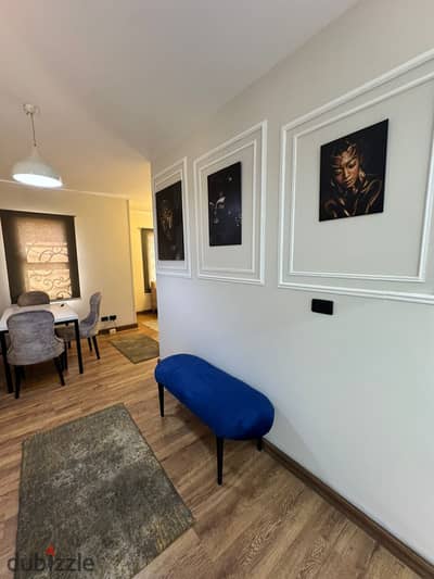 Furnished 74 sqm apartment for rent in Al Rehab 1, ground floor, unfinished, ultra-super deluxe, with modern and elegant home furnishings. Prime locat