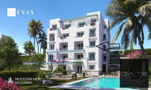 For Sale | Resale chalet with the lowest down payment at Mountain View Ras El Hekma; direct pool view, fully finished.