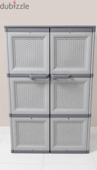 2-Door Plastic Storage Cupboard - 3 Tier Rattan Design - Gray"