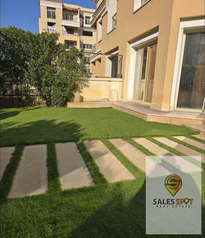 Apartment with a garden for sale—down payment of 278,000—located opposite the Fifth Settlement entrance in the Sarai compound, next to Madinaty.