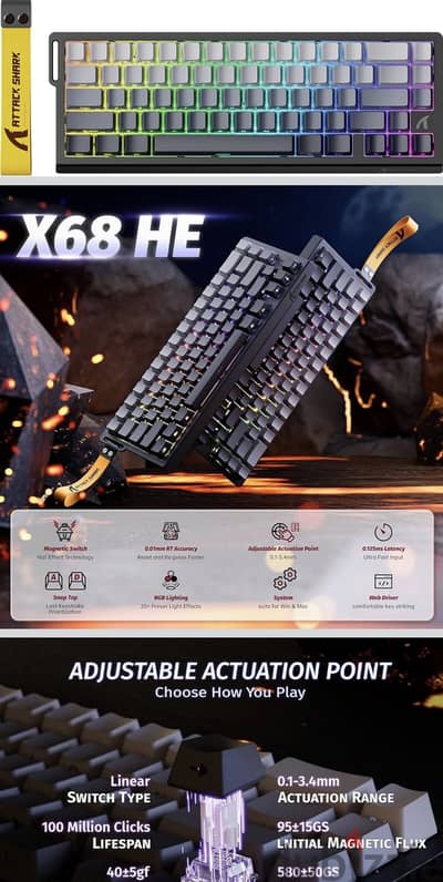 كيبورد ألعاب ميكانيكية X68HE من اتاك شارك سلكي 60% تي كيه ال