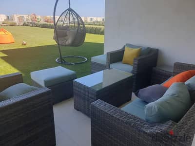Ground floor chalet with garden, very luxurious finishing, with air conditioning, for sale next to Mountain View Ras El Hekma near Salt and Con