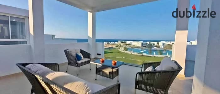 First row on Crystal Lagoon fully finished chalet for sale prime location next to Hacienda and Hyde Park Ras El Hekma near Cali Coast and June sodic