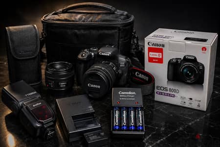 كاميرا كانون 800D ولينس 50ml وفلاش Godox TT685