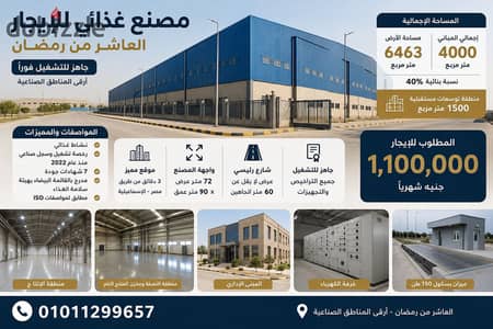  **Food Factory for Rent – ​​10th of Ramadan City**   **Exceptional Opportunity for a Fully Equipped and Ready-to-Operate Food Factory**   **Loc