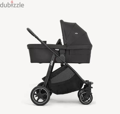 Navy blue stroller and bassinet