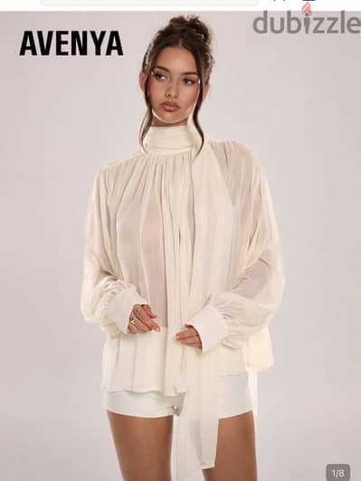 Avenya White Autumn Elegant Date Pleated Stand Collar Long Tie Shirt,