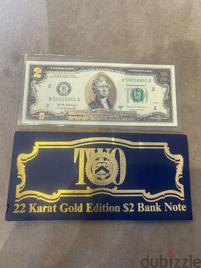 ورقه 2 دولار أمريكي مطليه بالذهب عيار٢٢منfrist commemorative mint غلاف