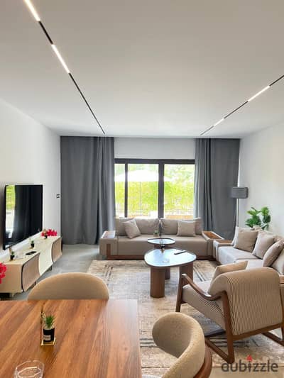 Luxury hotel apartment in Beverly Hills, Sheikh Zayed. Fully AC. 3 BR (1 master), 2 baths, 2-piece reception, and a lovely garden view.