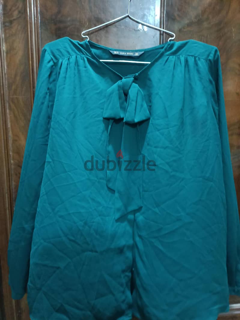 Zara Basic Teal Blouse – Bow Neck Detail 1